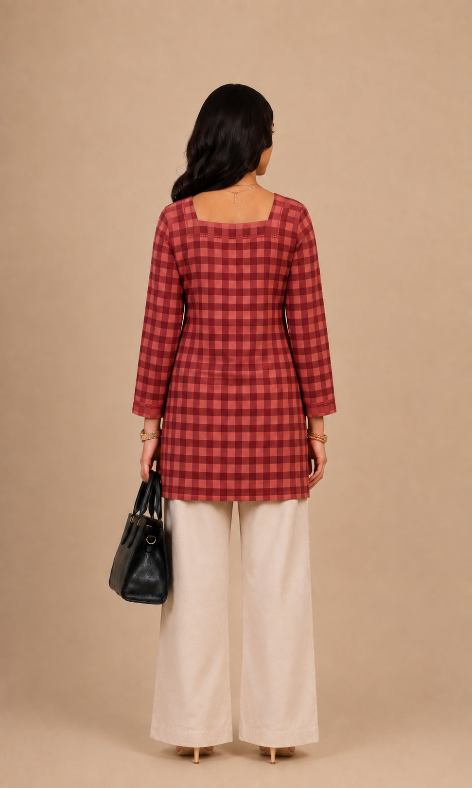Red Checkered Straight Kurti