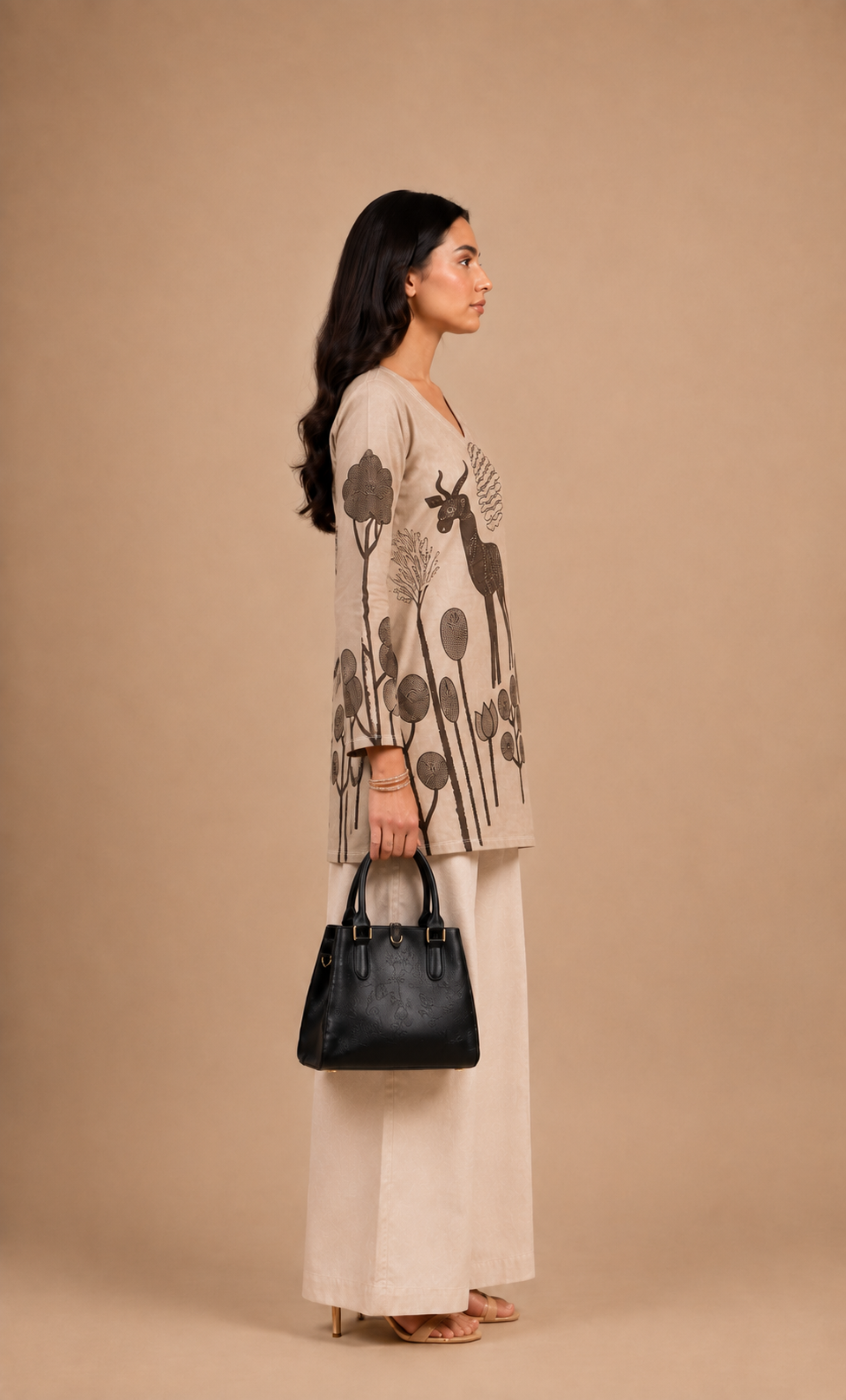Beige Wildlife Printed Short Kurti
