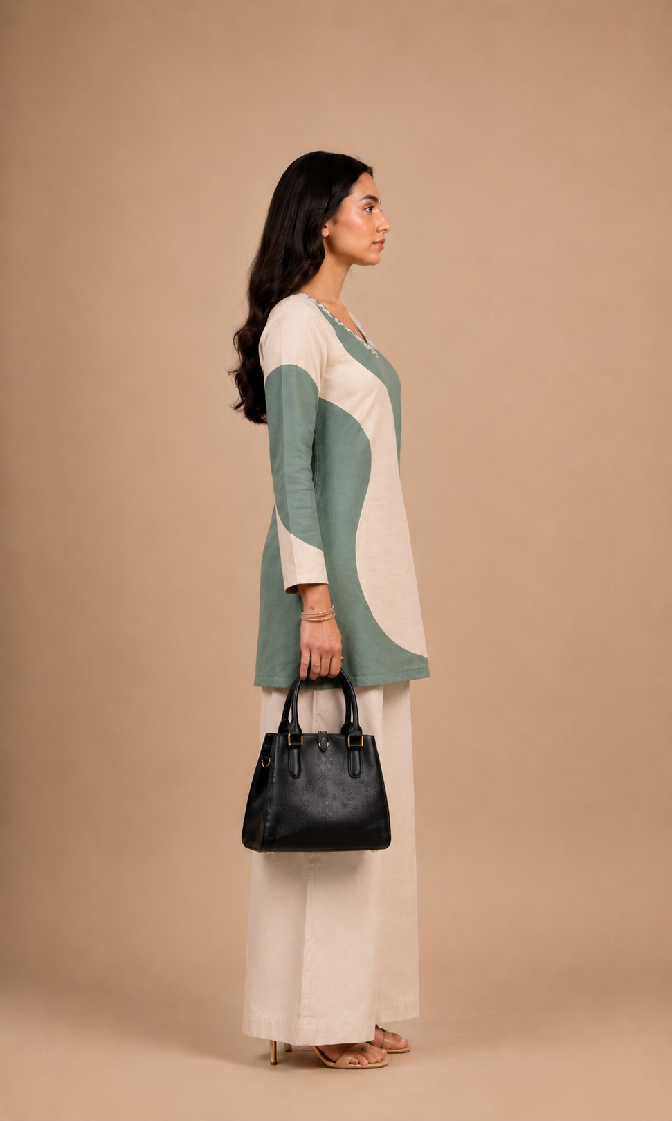 Sage Green & Off White Printed Kurti