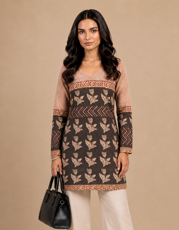 Brown & Black Floral Printed Short Kurti