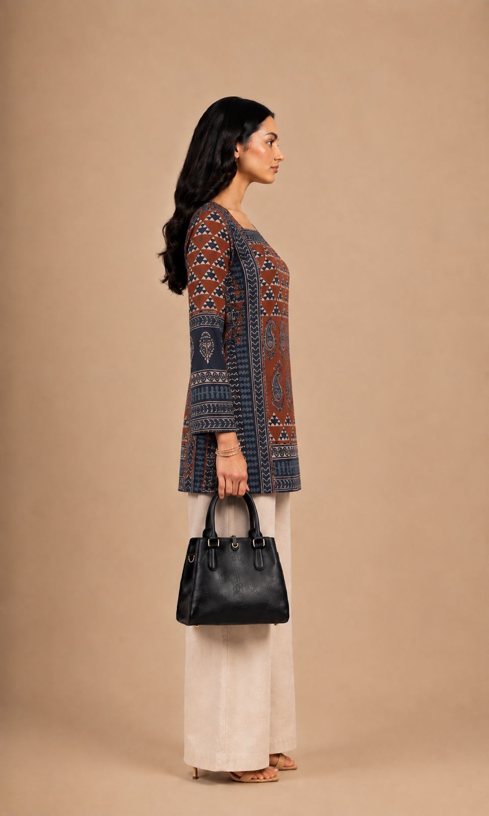 Rust Brown & Navy Blue Printed Short Kurti