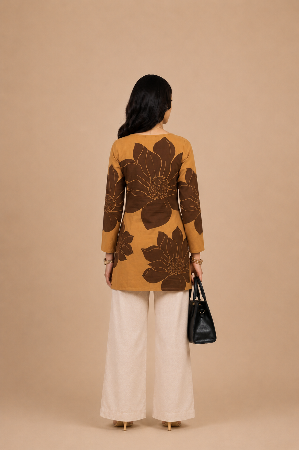 Mustard Brown Floral Printed Straight Short Kurti