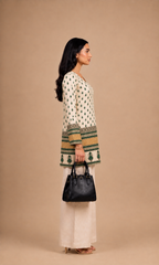 Cream & Green Printed Short Kurti