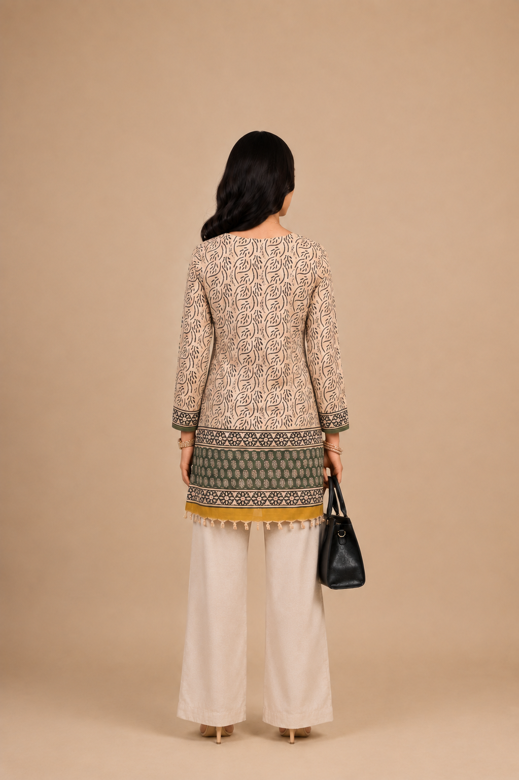 Beige Green Leaf Printed Short Women Kurti