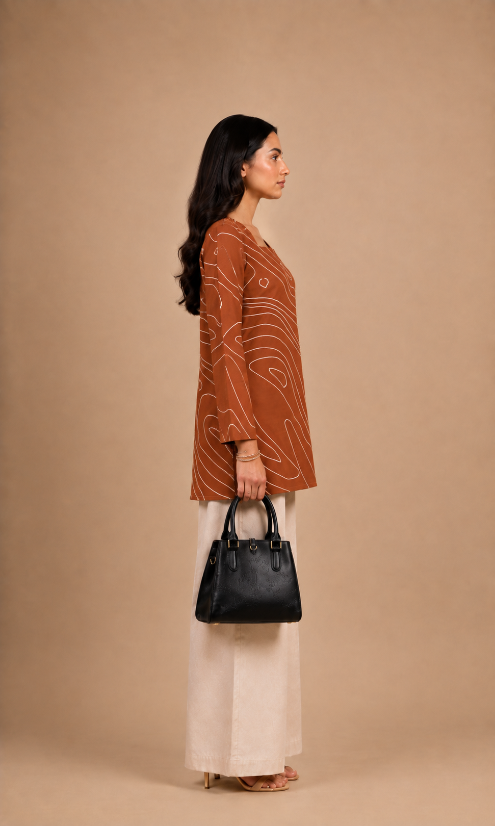 Rust Brown Abstract Line Print Straight Kurti