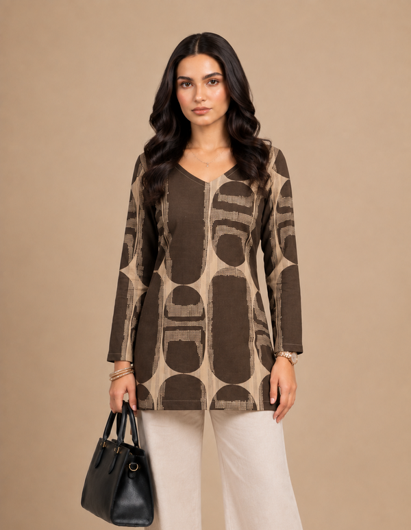 Brown Abstract Print Straight-Cut Kurti