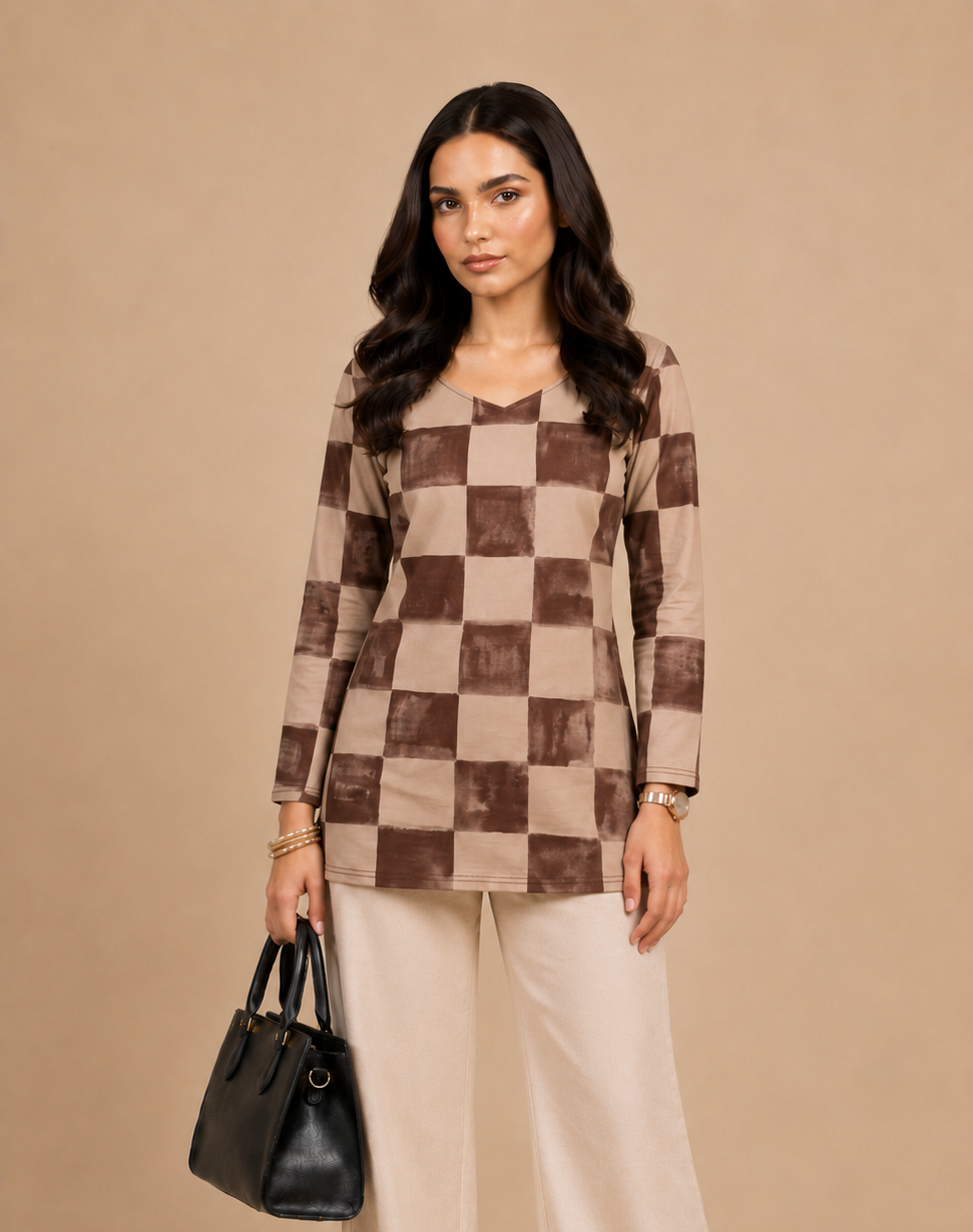 Brown Checkered Short Kurti