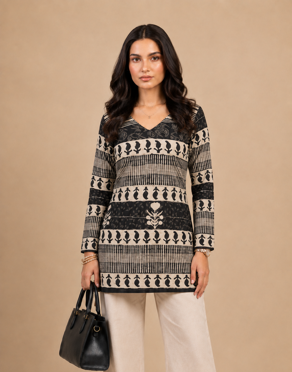 Black & Ivory Printed Short Kurti