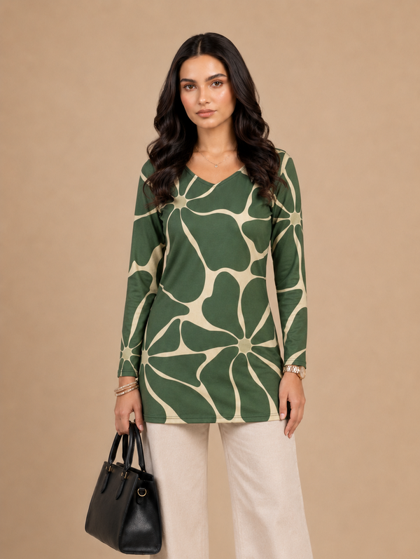 Olive Green Printed  floral Short Kurti