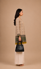 Beige Green Leaf Printed Short Women Kurti