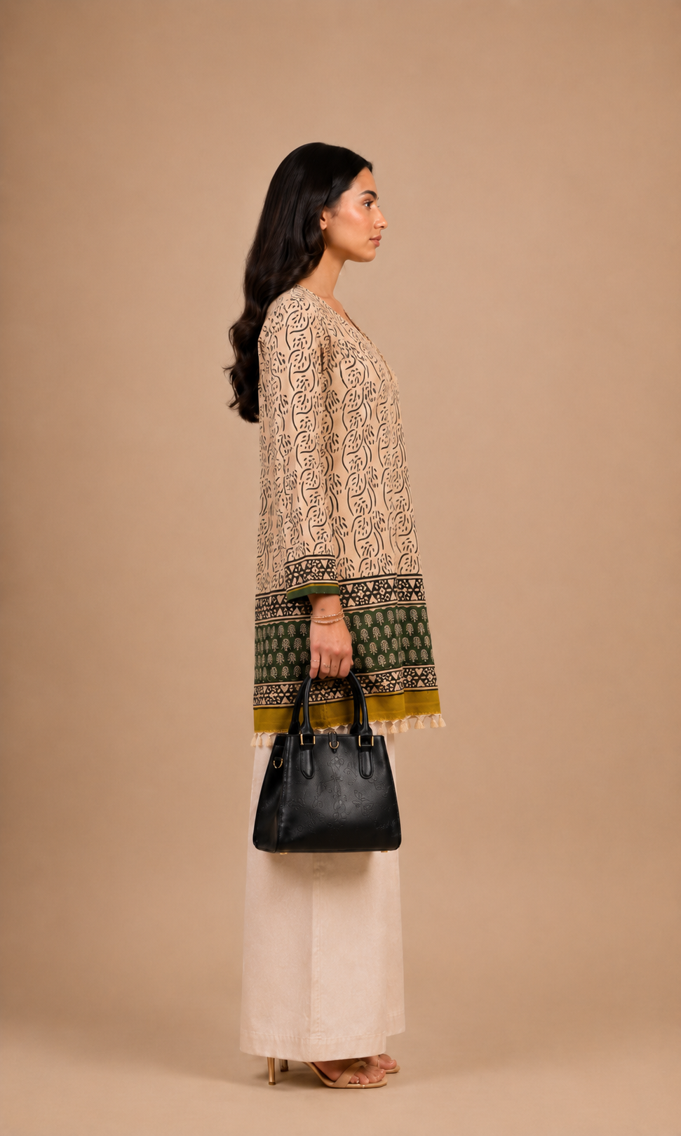 Beige Green Leaf Printed Short Women Kurti