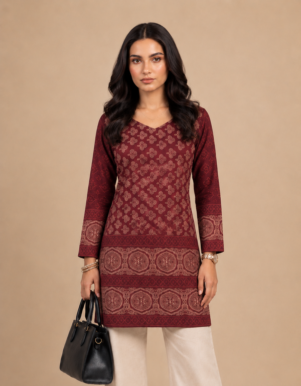 Maroon Printed Short Kurti