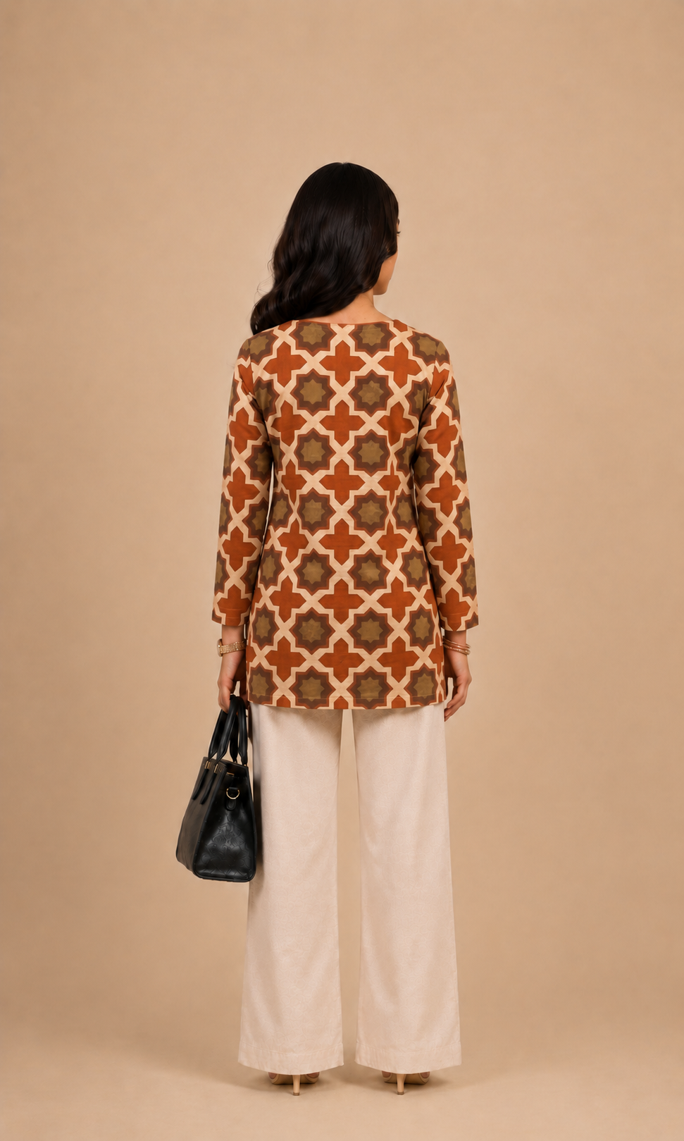 Rust Orange, Beige And Olive Printed Short Kurti
