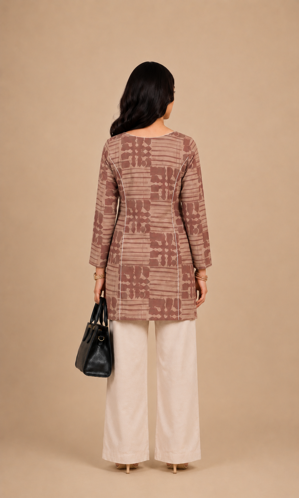 Beige Abstract Grid Print Short Kurti