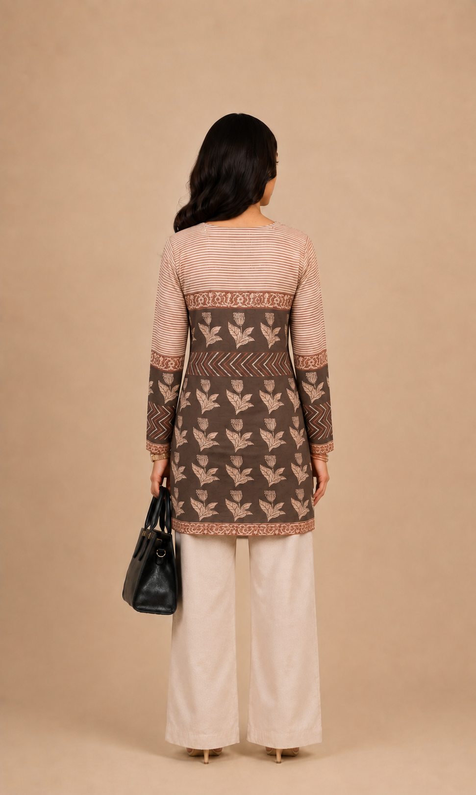 Brown & Black Floral Printed Kurti