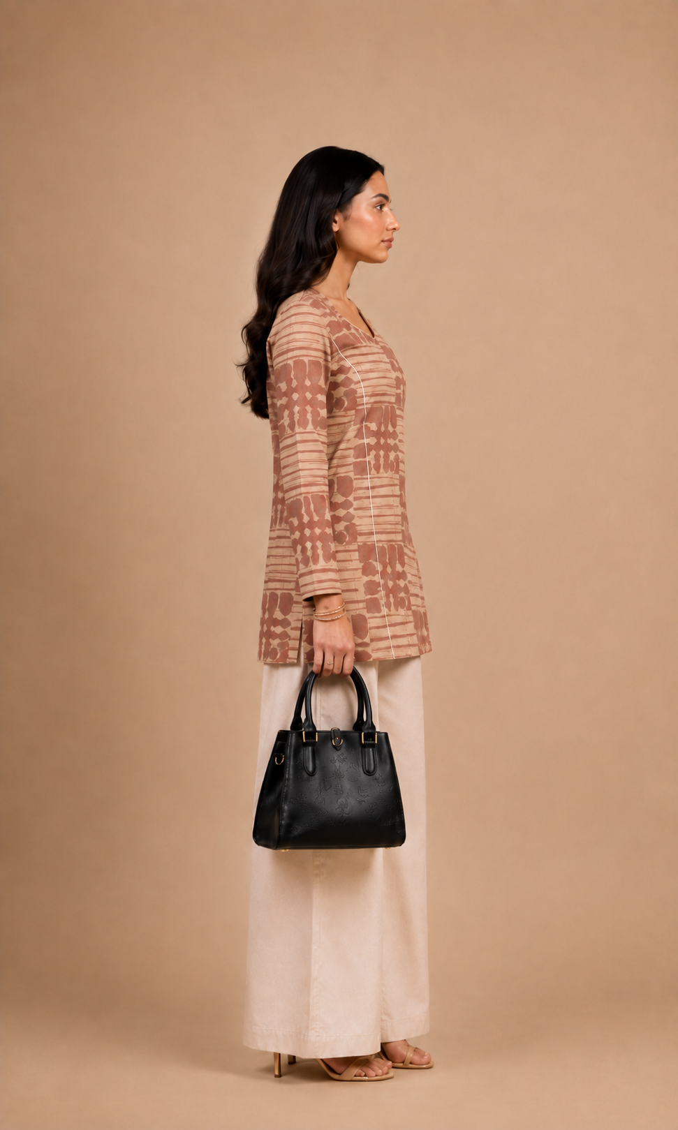 Beige Abstract Grid Print Short Kurti