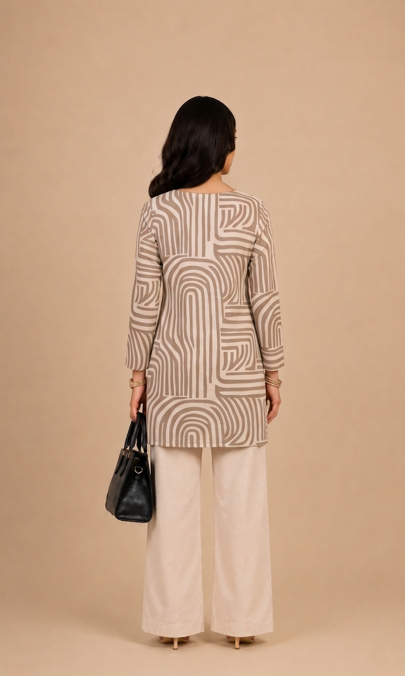 Beige Abstract Printed V-Neck Kurti