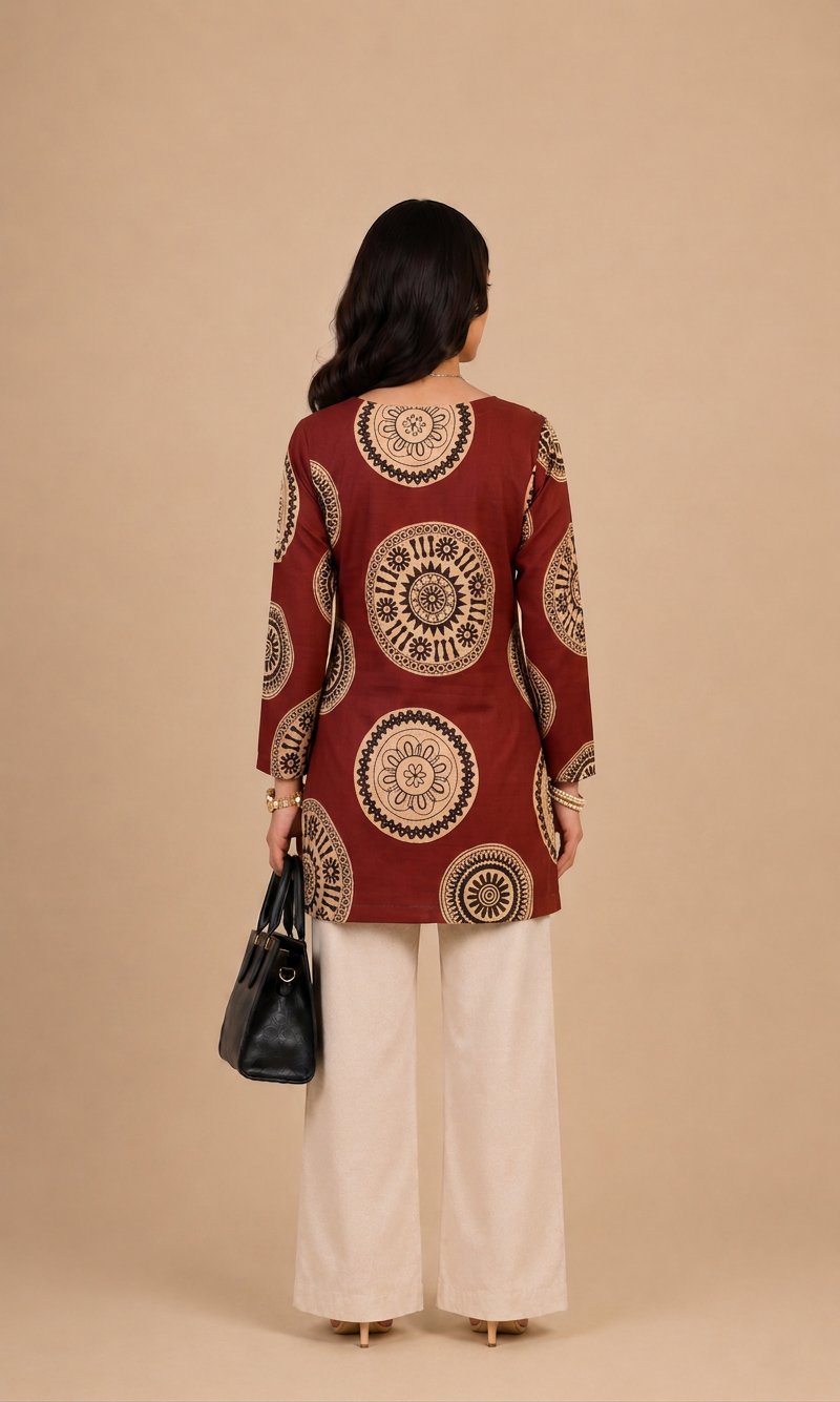 Maroon Round Printed Rayon Short Kurti