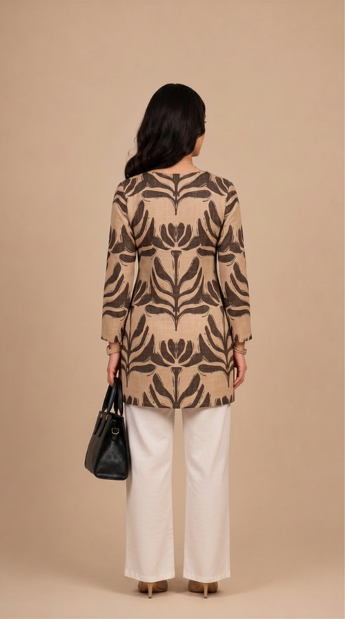 Beige & Brown Botanical Printed  Short Kurti