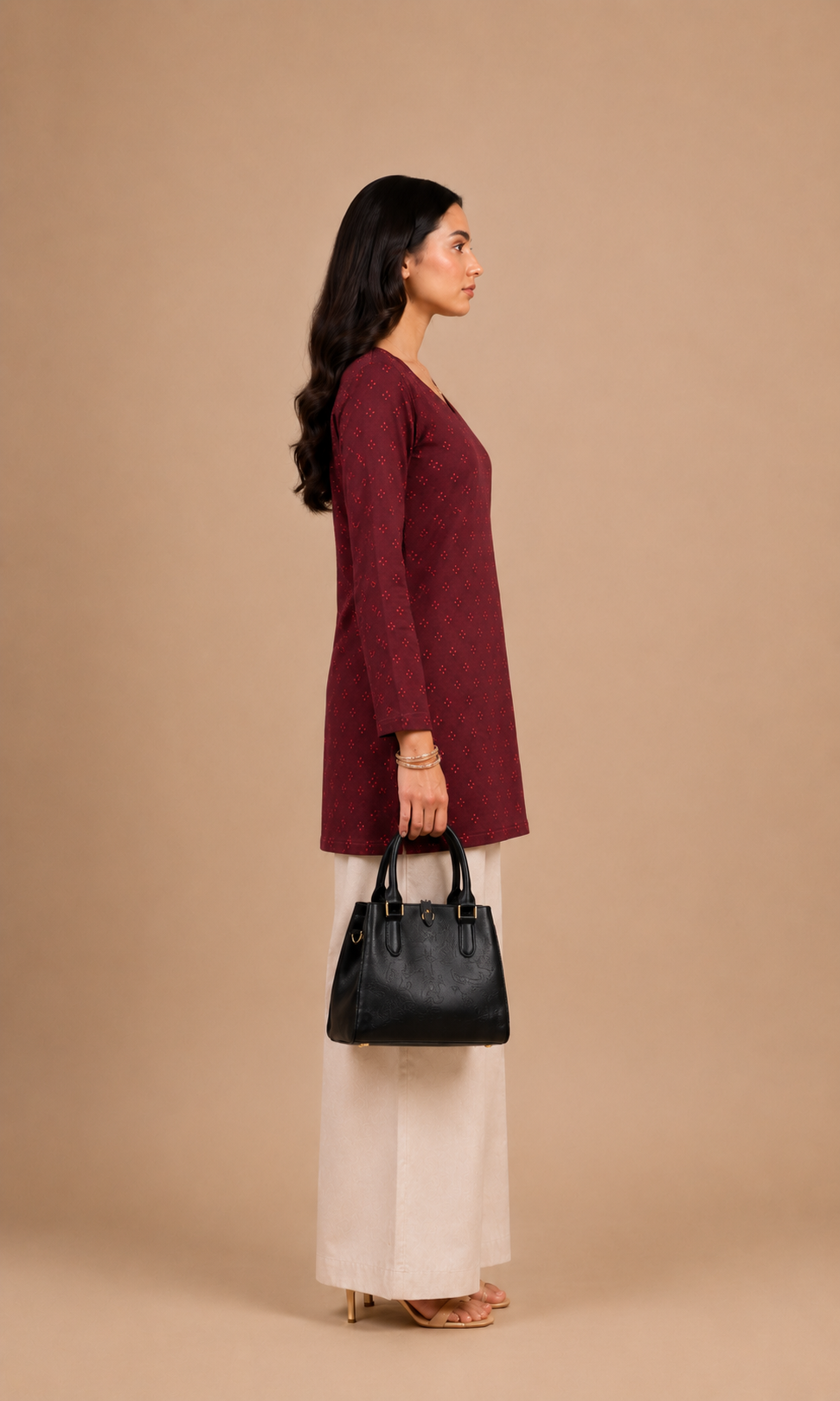 Wine Printed V-Neck Short Kurti