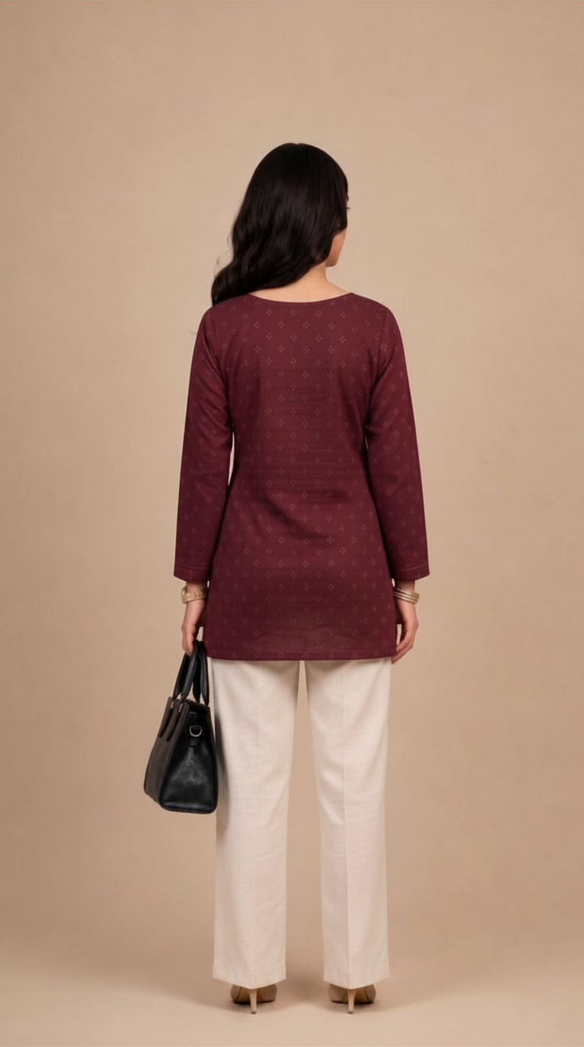 Wine Printed V-Neck Short Kurti
