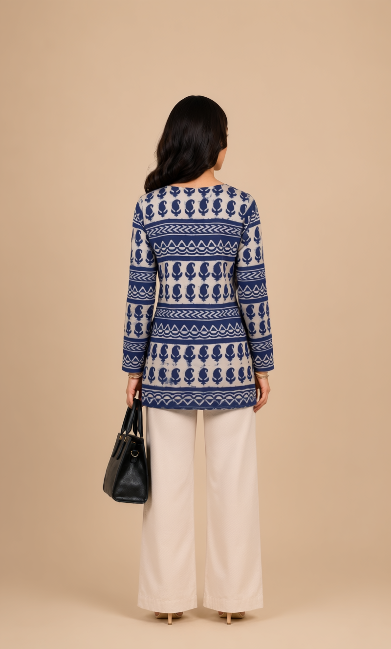 blue and ivory printed short kurti