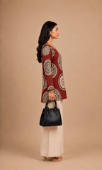 Maroon Round Printed Rayon Kurti
