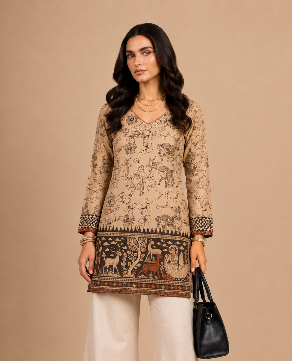 Beige Kalamkari Printed Kurti