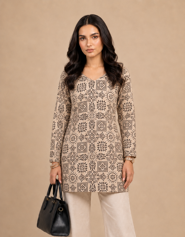 Beige Printed Short Kurti for Women