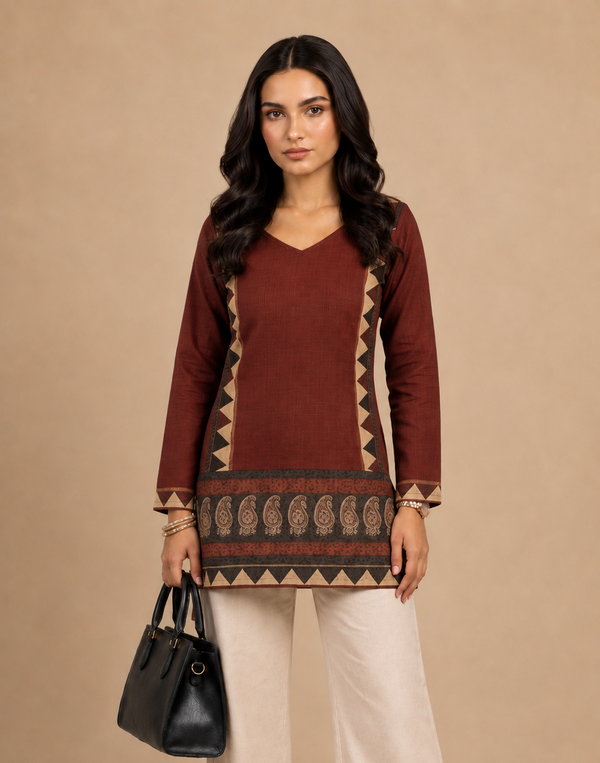 Rust Brown color Printed Short Kurti