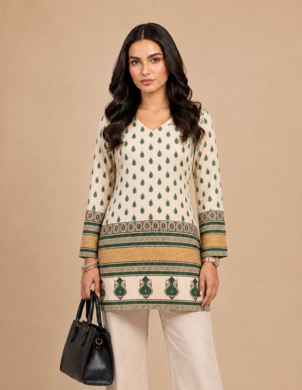 Cream & Green Printed Short Kurti