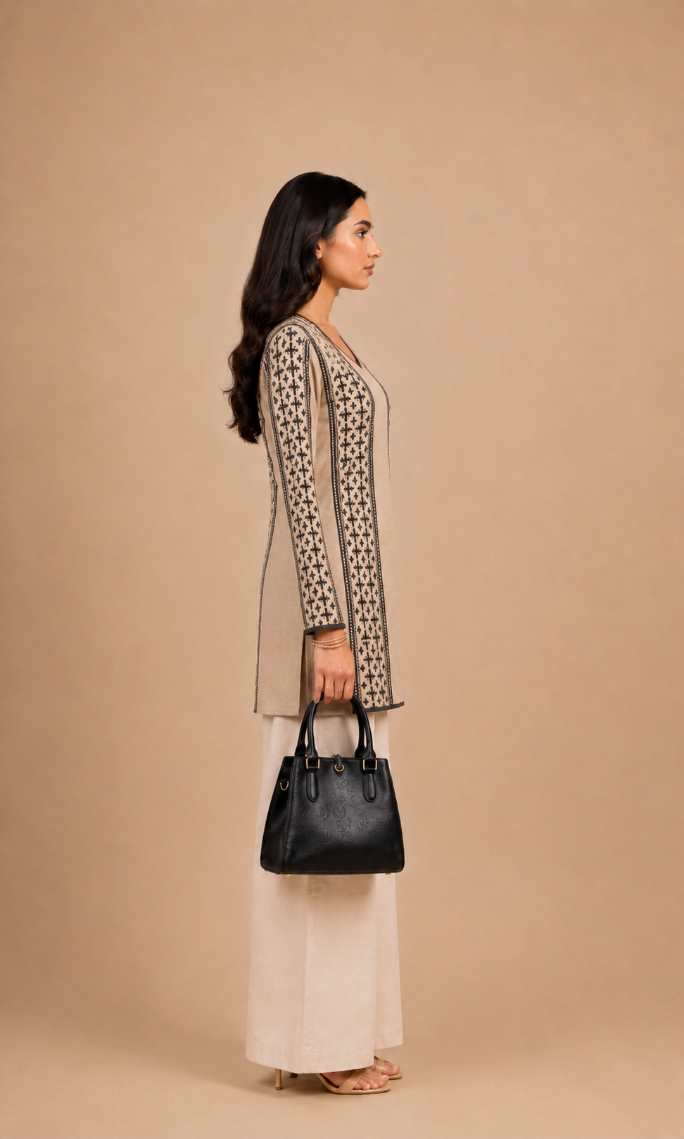 Beige & Black Panel Printed Straight Kurti