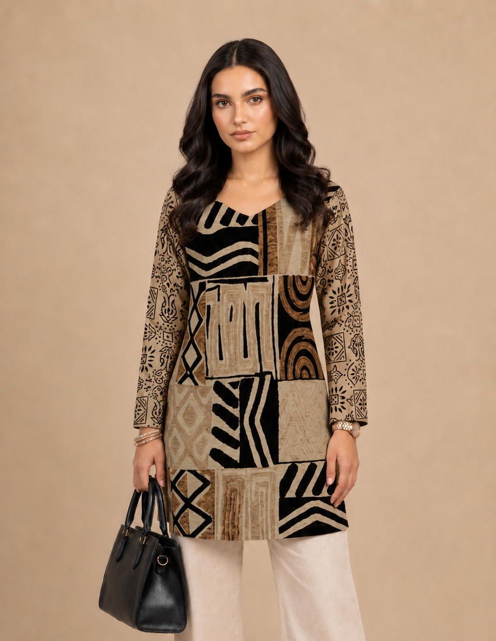 Beige & Black Abstract Printed Short Kurti