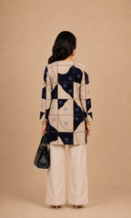Beige & Navy Geometric Printed Straight Short Kurti