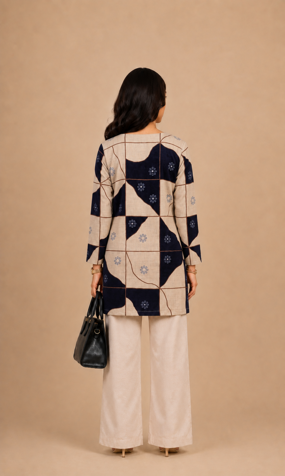 Beige & Navy Geometric Printed Straight Short Kurti