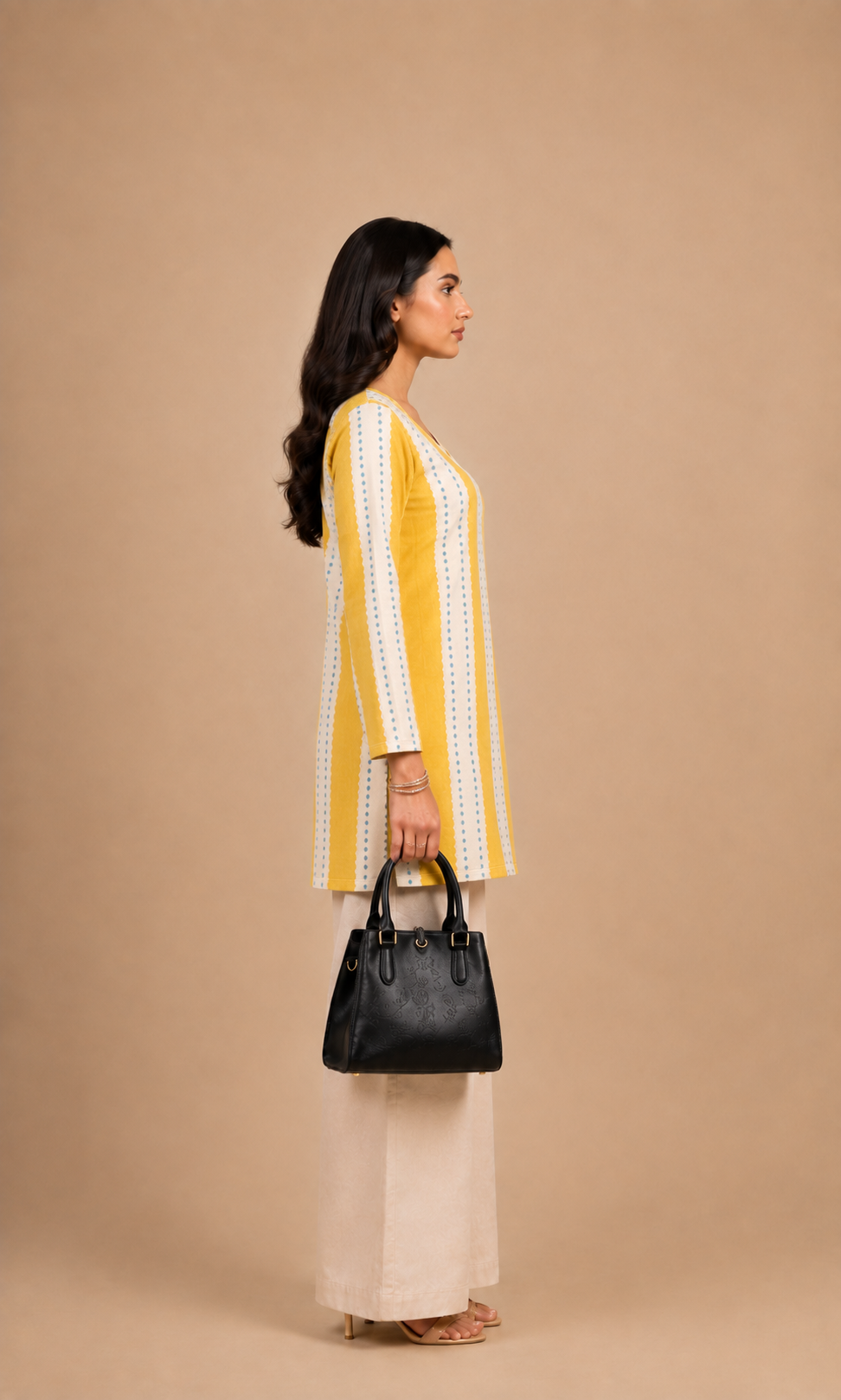 Mustard Yellow & White Striped Short Kurti