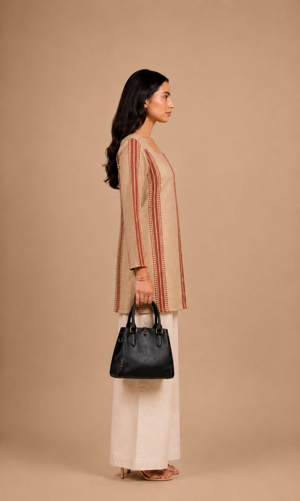 Beige & Maroon Printed Short Kurti