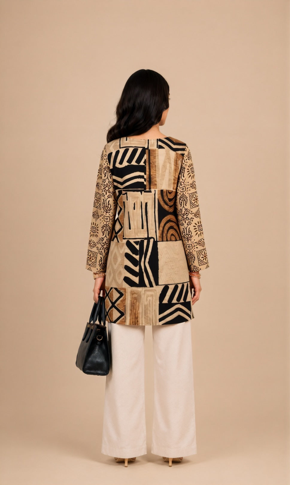 Beige & Black Abstract Printed Short Kurti
