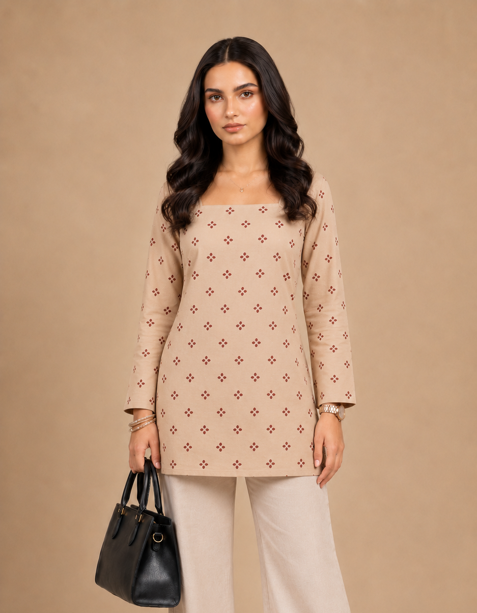 beige and maroon color printed short kurti