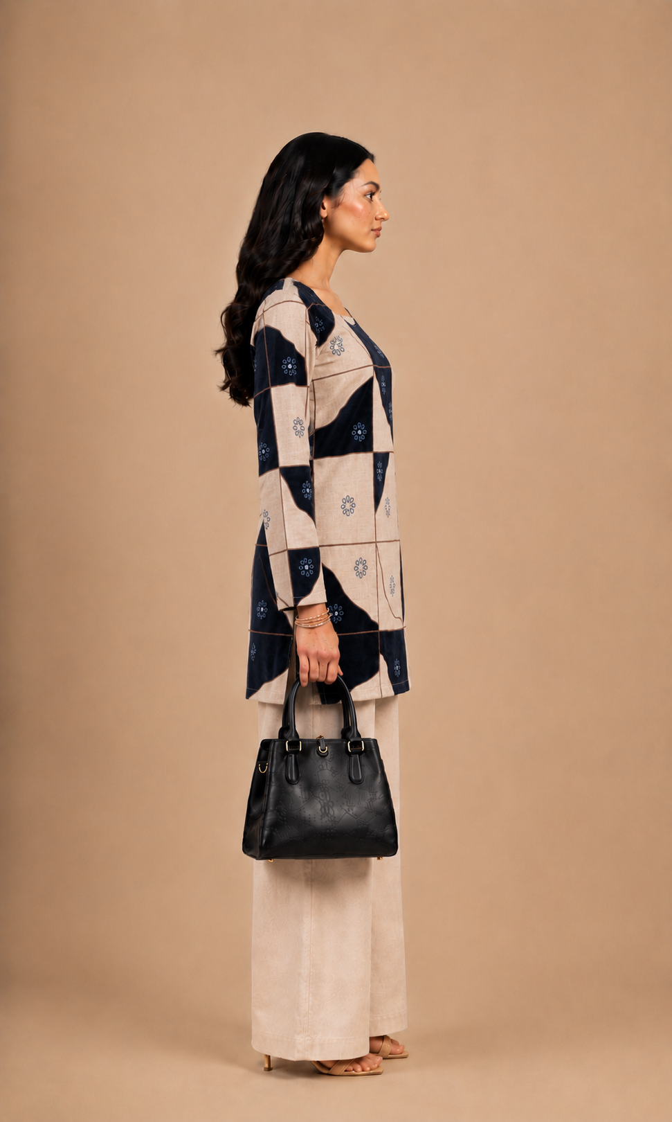 Beige & Navy Geometric Printed Straight Short Kurti