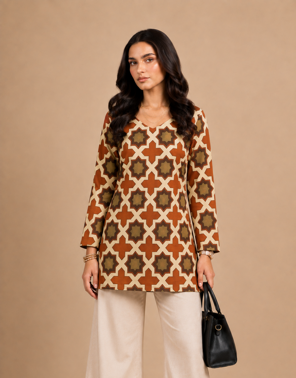 Rust Orange And Olive Printed Short Kurti
