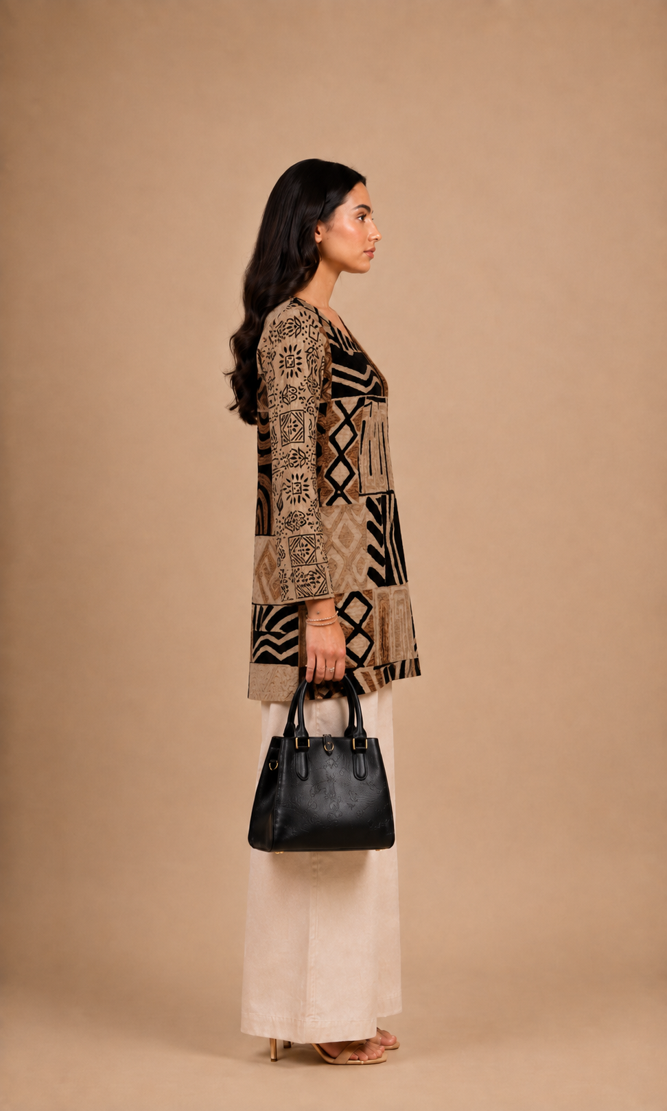 Beige & Black Abstract Printed Short Kurti