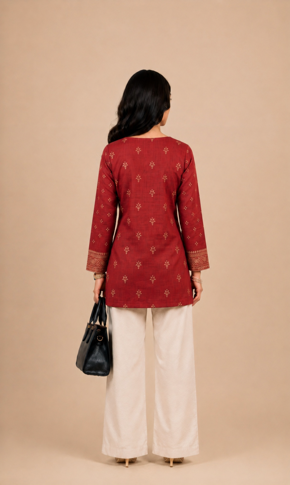 Maroon Printed V-Neck Short Kurti