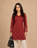 Maroon Printed V-Neck Short Kurti
