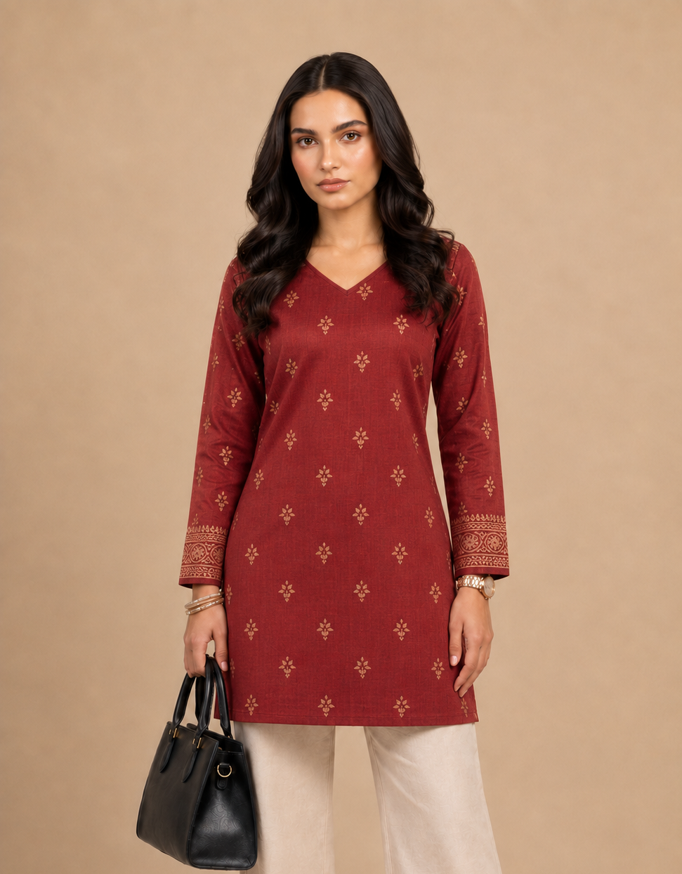 Maroon Printed V-Neck Short Kurti