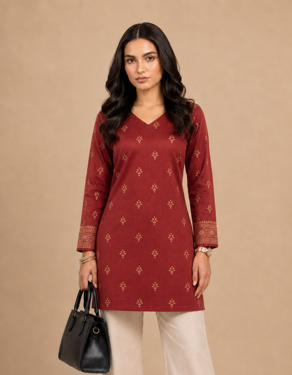 Maroon Printed V-Neck Short Kurti For Women