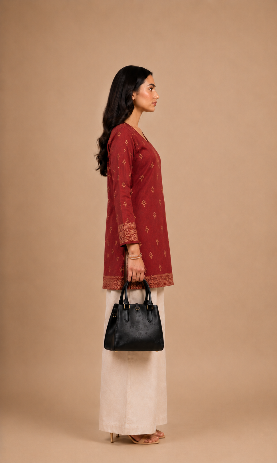 Maroon Printed V-Neck Short Kurti