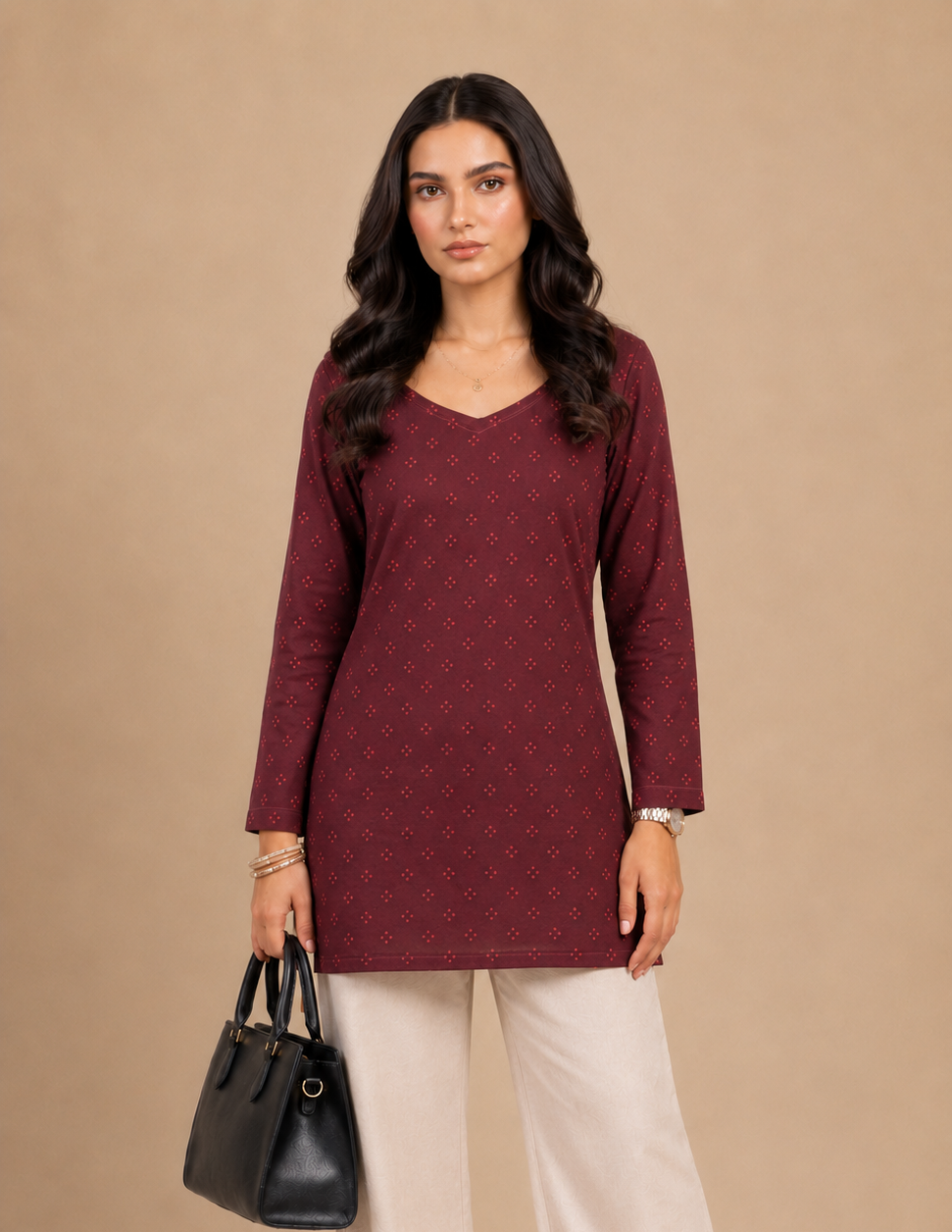 Wine Printed V-Neck Short Kurti