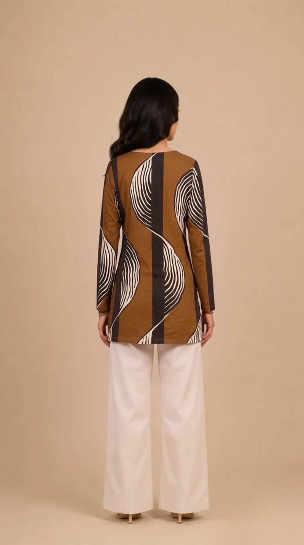 Brown Wave Print Cotton Short Kurti