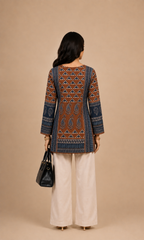 Rust Brown & Navy Blue Printed Short Kurti